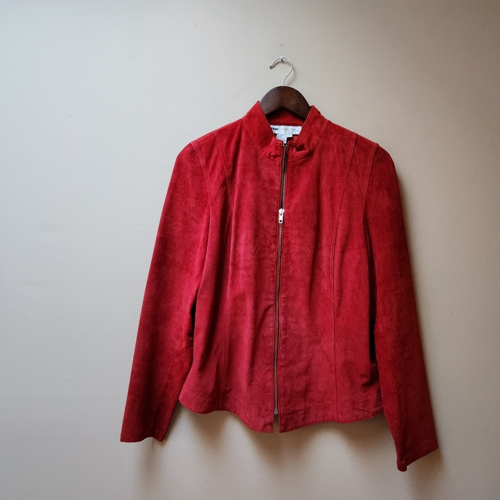 Red Suede Leather Zip Jacket Xl